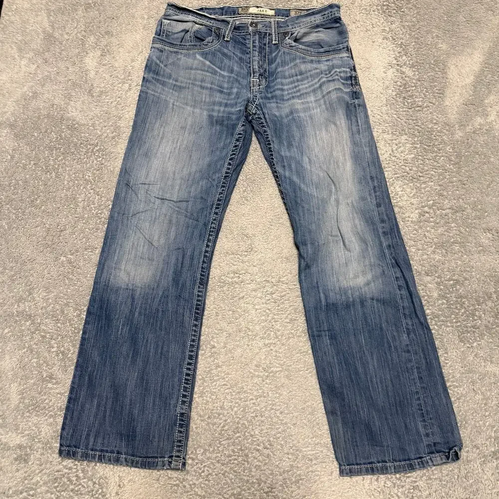 BKE Jeans Mens 32S (32x29) Jake Straight Contrast Stitch Blue Denim